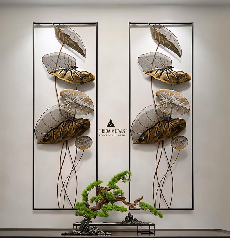 F-RIQA METAL® Golden Leaf Metal Wall Art Set of 2 Panels | Modern Iron Wall Hanging Decor for Living Room, Bedroom, Dining Room, Hallway & Office (36 × 13 Inch Each) - Image 1