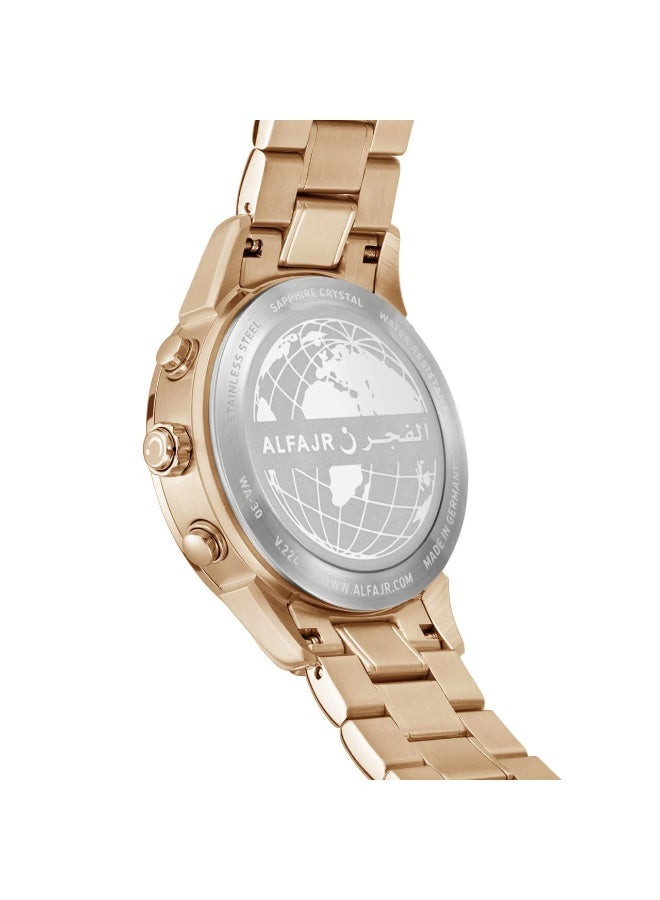 الفجر ساعة رجالية فاخرة تعرض التوقيت المزدوج (تناظري - رقمي) مع التاريخ وأوقات الصلاة. تاج متعدد الوظائف. علبة من الفولاذ المقاوم للصدأ. زجاج من الياقوت وسوار من الجلد الأصلي. يتوفر ميناء وشاشة LCD. - Image 2