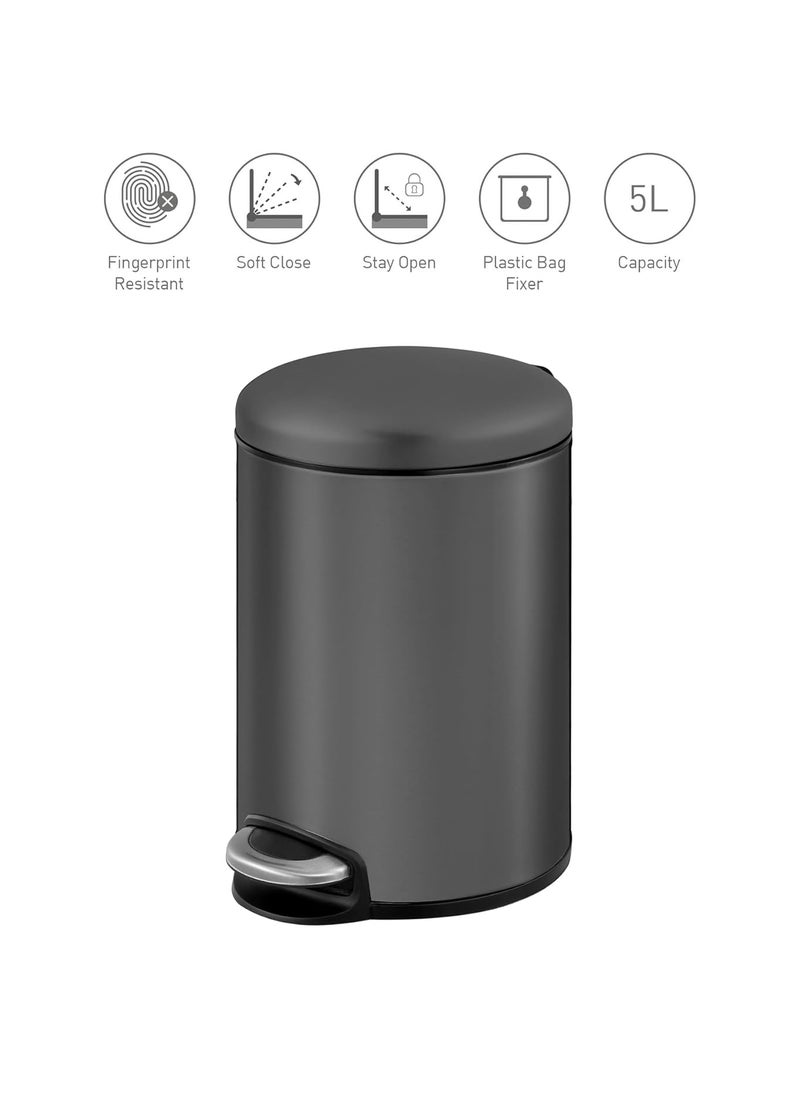 Obsessions Obsessions Fingerprint Resistant Round Step Dustbin with Liner 5 Litre Titanium Grey  - Image 3