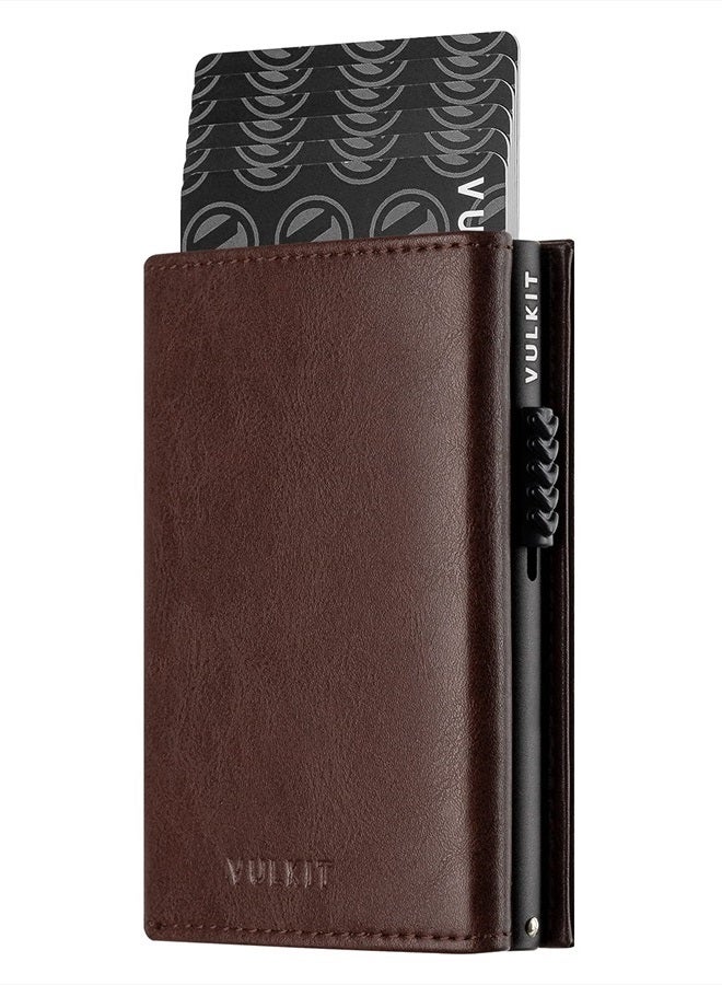 VULKIT Card Holder Wallet with Coin Pocket Magnetic Closure Pop Up Cards With ID Window Leather Wallet for Cash & Credit Cards, Espresso  - Image 1