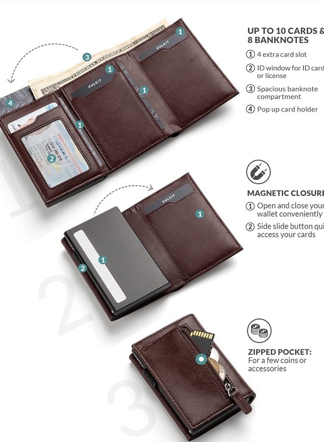VULKIT Card Holder Wallet with Coin Pocket Magnetic Closure Pop Up Cards With ID Window Leather Wallet for Cash & Credit Cards, Espresso  - Image 2