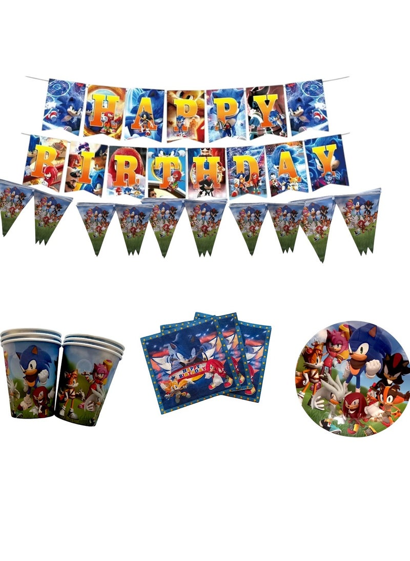 Tamona Sonic The Hedgehog Birthday Party Supplies, Party Decorations 79 Pcs, Include Banners, Plates, Cups & Napkins, Sonic Unique Party Bundle-Serves 18 Guests  - Image 1