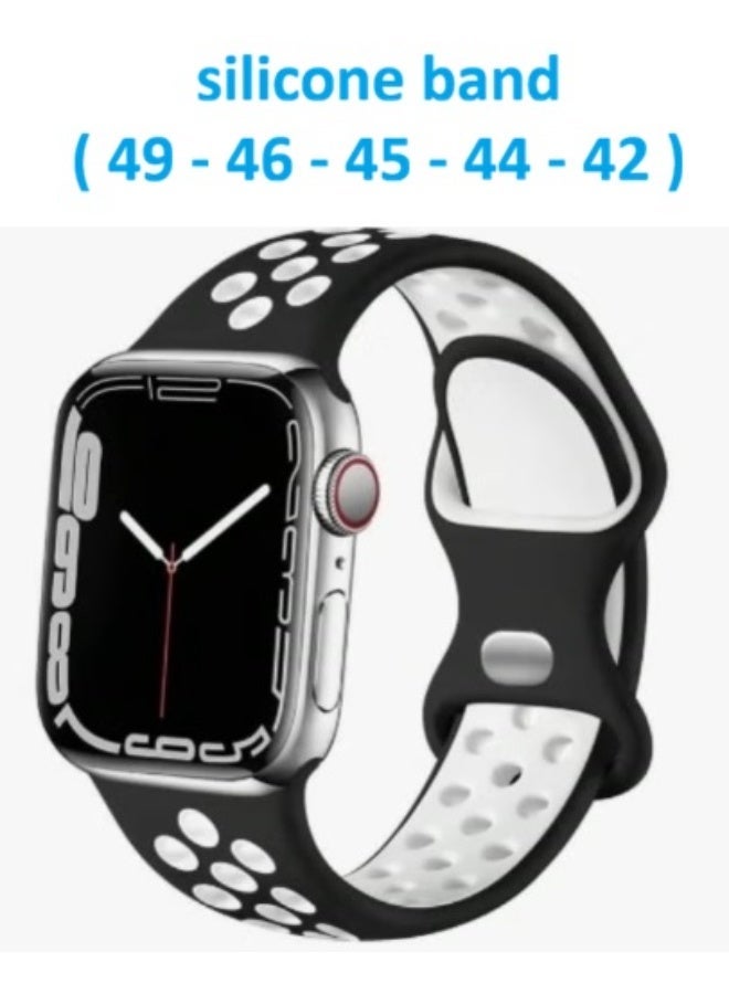 Breathable silicone sports band compatible with Apple Watch bands 42mm, 44mm, 45mm, 46mm, and 49mm ( black / white ) - Image 1