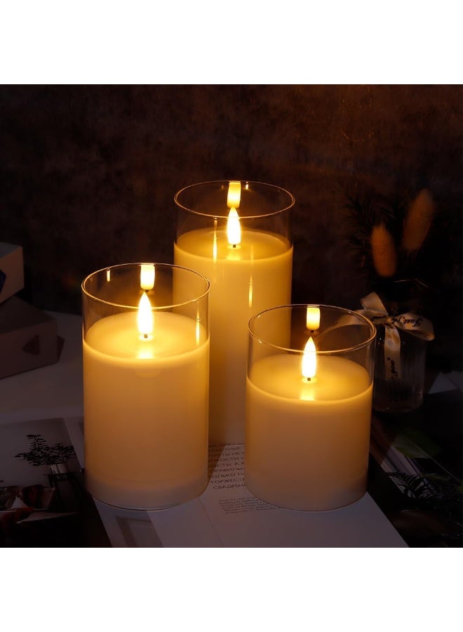 Set of 3 Glass Wax Flameless Candles 3D LED Candles White Wax Flickering Battery Candles with 8-Key Remote Control Timer for Home Wedding Party Christmas(Pivoted Flame-Shaped Tip) - Image 4