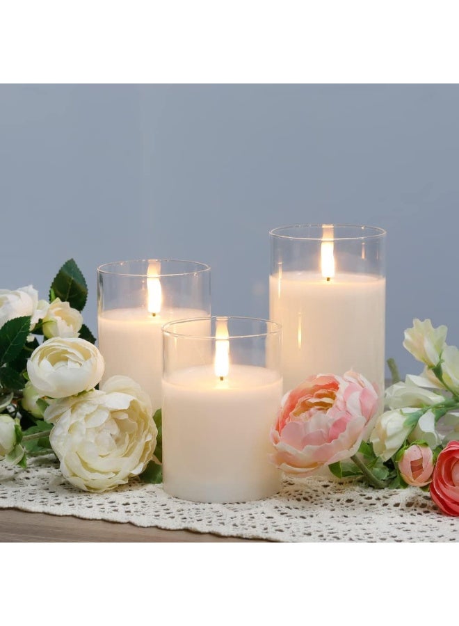 Set of 3 Glass Wax Flameless Candles 3D LED Candles White Wax Flickering Battery Candles with 8-Key Remote Control Timer for Home Wedding Party Christmas(Pivoted Flame-Shaped Tip) - Image 1