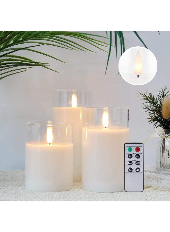 Set of 3 Glass Wax Flameless Candles 3D LED Candles White Wax Flickering Battery Candles with 8-Key Remote Control Timer for Home Wedding Party Christmas(Pivoted Flame-Shaped Tip) - Image 3