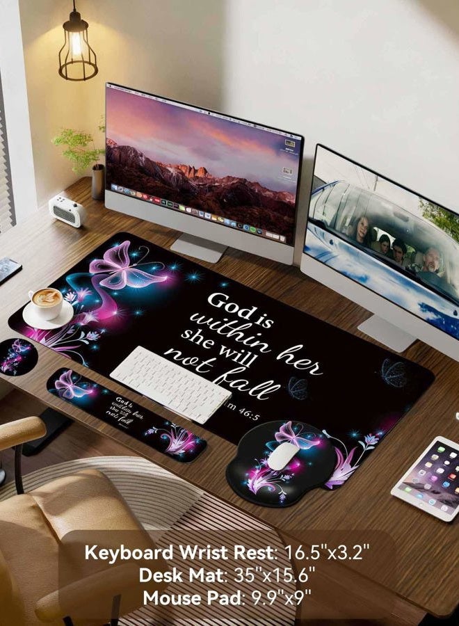 VINEBURY Desk Mat Set + Keyboard and Mouse Pad with Wrist Rest Support,4-in-1 Large Mousepad Computer Mats for Desktop Home & Office-Purple Butterflies - Image 2