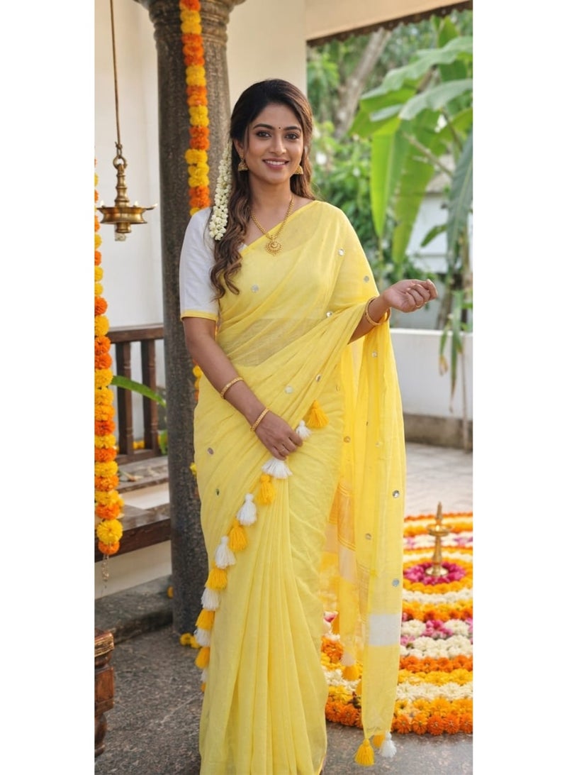 Yellow khadi cotton saree with tesseles and mirrors in pallu - Image 1