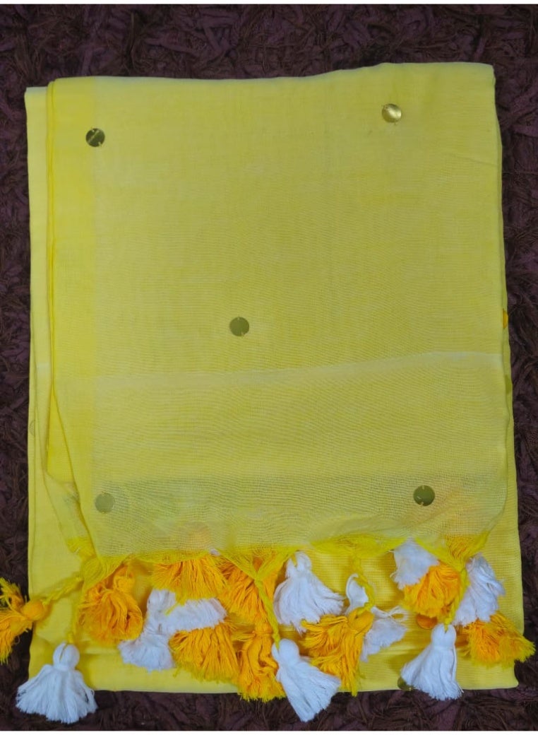 Yellow khadi cotton saree with tesseles and mirrors in pallu - Image 2