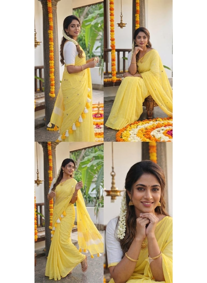 Yellow khadi cotton saree with tesseles and mirrors in pallu - Image 3