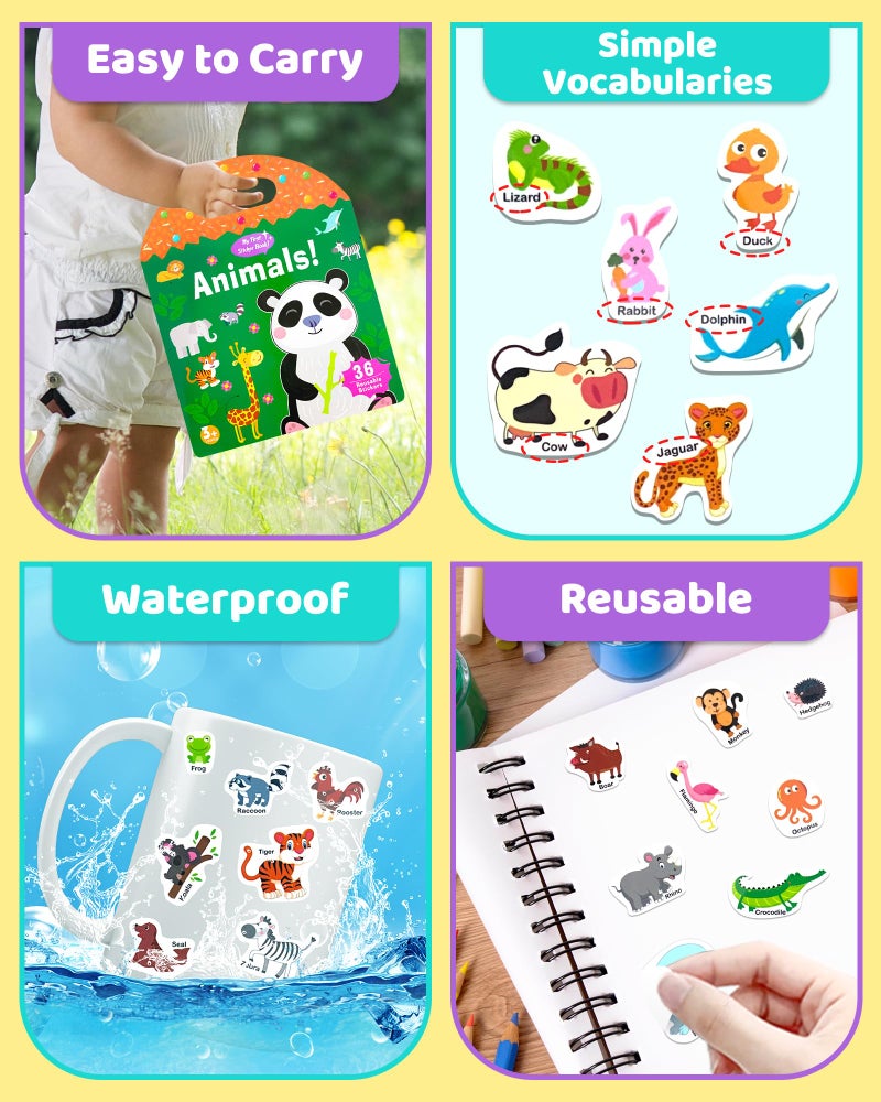 كتب ملصقات قابلة لإعادة الاستخدام من Benresive Jelly للأطفال 2-4 كتب ملصقات ممتعة للأطفال الصغار 1-3 سنوات من عمر 2-4 سنوات 36 قطعة من ألعاب السفر للأطفال الصغار هدايا الحرف اليدوية - كتاب ملصقات الحيوانات - Image 5