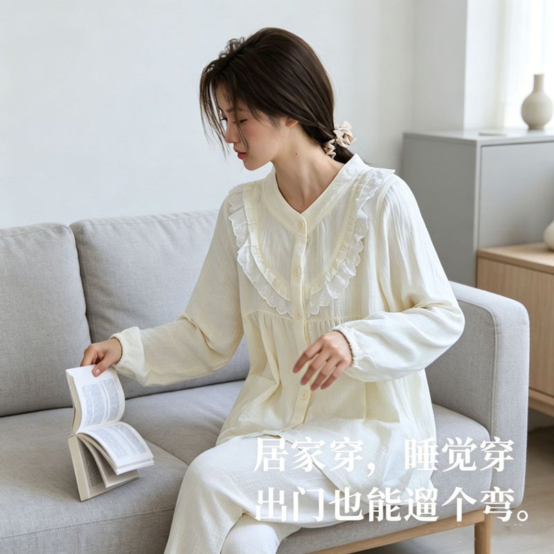 Women's Cotton Lace Pajama Set, Long Sleeve, Loose Fit - Image 4