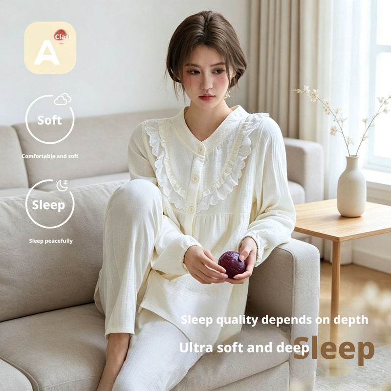 Women's Cotton Lace Pajama Set, Long Sleeve, Loose Fit - Image 1