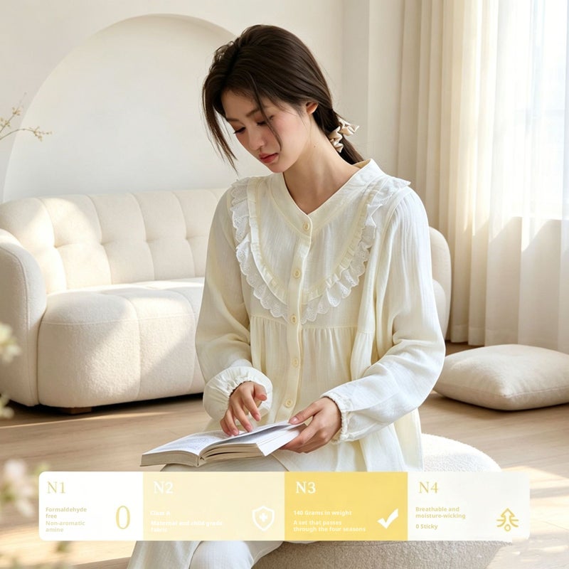 Women's Cotton Lace Pajama Set, Long Sleeve, Loose Fit - Image 2