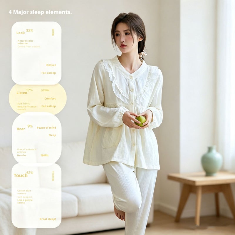 Women's Cotton Lace Pajama Set, Long Sleeve, Loose Fit - Image 3