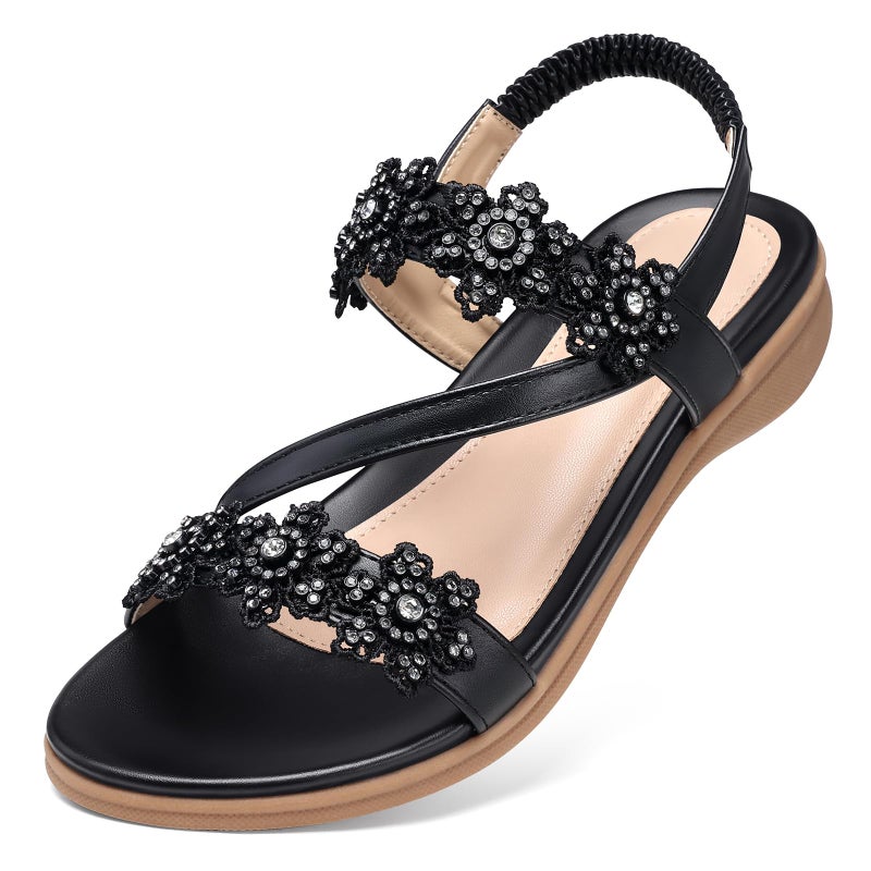 TEMOFON Sandals for Women Flat Dressy Summer Open Toe Sandals Woman Comfortable Walking Casual Beach Shoes Black Size 8 - Image 1