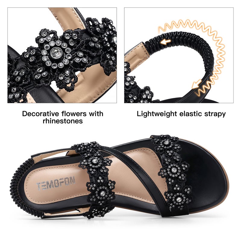 TEMOFON Sandals for Women Flat Dressy Summer Open Toe Sandals Woman Comfortable Walking Casual Beach Shoes Black Size 8 - Image 4