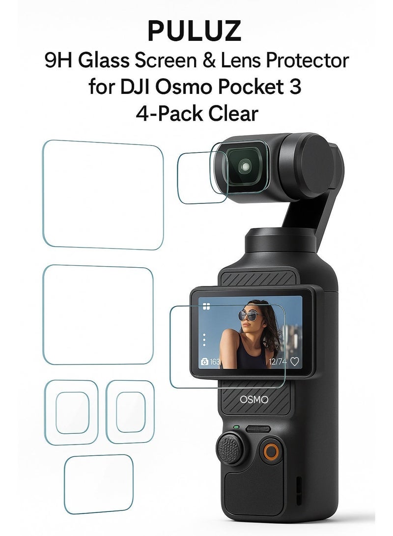 بولوز استيكر حماية شاشة وعدسة PULUZ زجاج مقوى 9H لكاميرا DJI Osmo Pocket 3 – طقم 4 قطع شفافة عالية الوضوح - Image 2