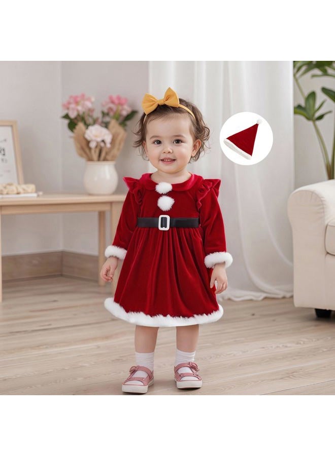 Thorn Tree Baby Girl Christmas Outfits Santa Dress Long Sleeve Velvet Romper Dress Warm Winter Outfit Newborn Infant Clothes (Red, 6-12 Months) - Image 2