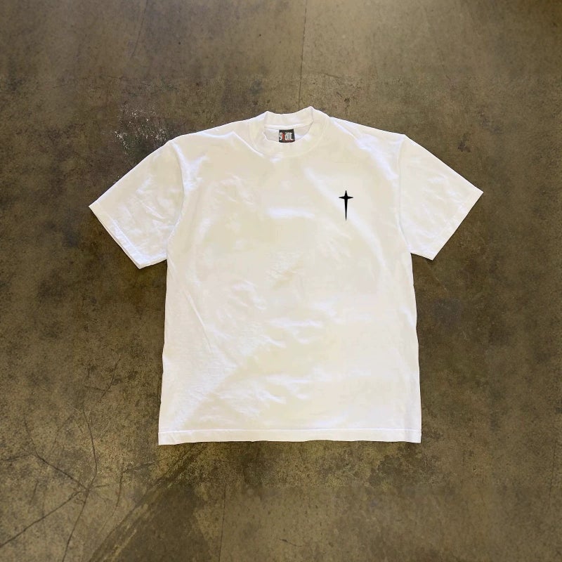 Men's Cotton Crew Neck Short Sleeve T-Shirt with Cross Star Print, 260g Heavyweight - Image 3
