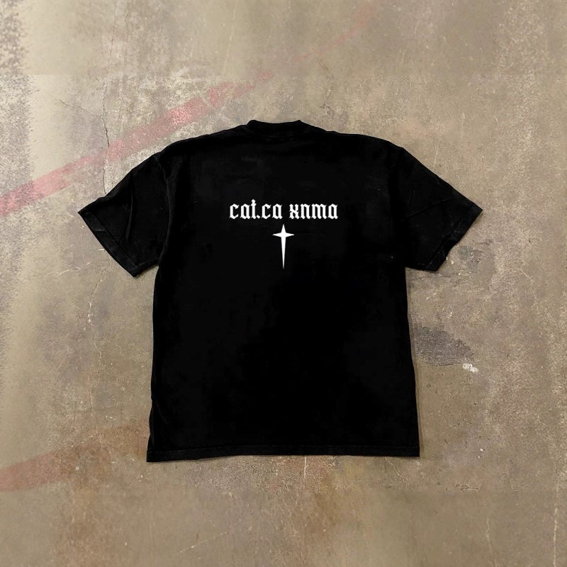 Men's Cotton Crew Neck Short Sleeve T-Shirt with Cross Star Print, 260g Heavyweight - Image 2
