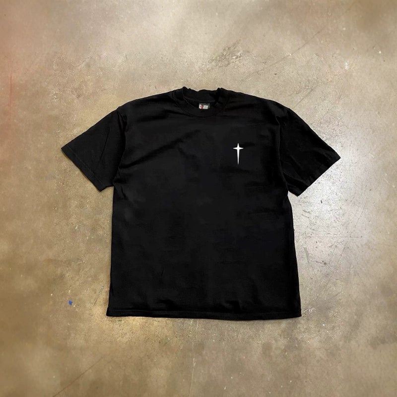 Men's Cotton Crew Neck Short Sleeve T-Shirt with Cross Star Print, 260g Heavyweight - Image 4