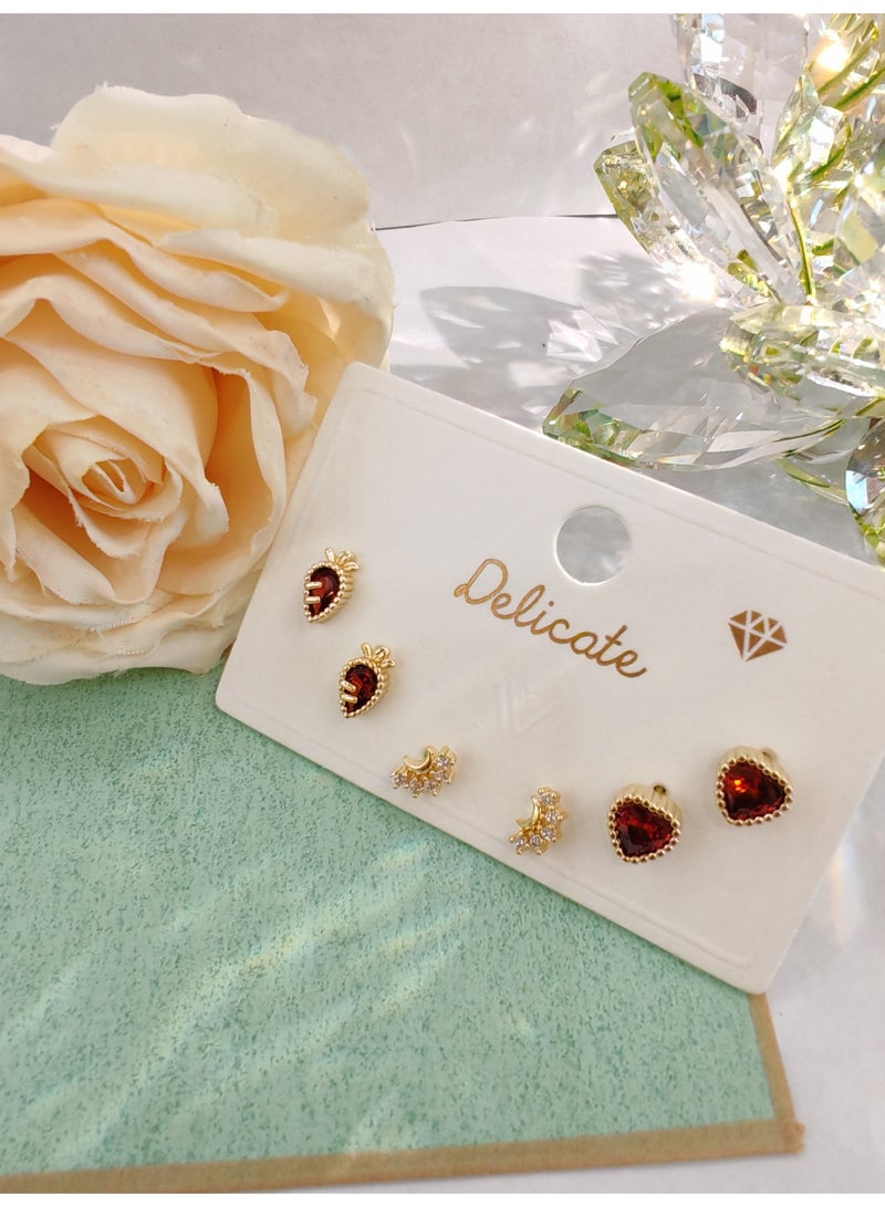 Three Pair Red Zircon Earnail Retro Earnail Set Zircon Jewelry - Image 5