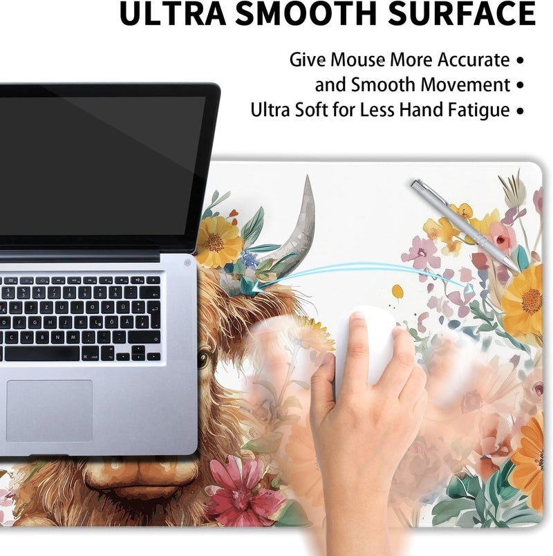 aportt Aesthetic Highland Cow Gaming Mouse Pad XL Cow Print Blue Orange Floral Extended Large Mat Mousepad Desk Pad Non-Slip Rubber Base Stitched Edge Flower Keyboard Pad Playmat for Computer,31.5×11.8 in - Image 4