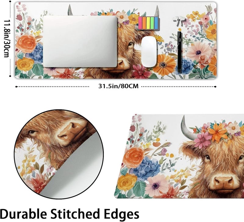 aportt Aesthetic Highland Cow Gaming Mouse Pad XL Cow Print Blue Orange Floral Extended Large Mat Mousepad Desk Pad Non-Slip Rubber Base Stitched Edge Flower Keyboard Pad Playmat for Computer,31.5×11.8 in - Image 2