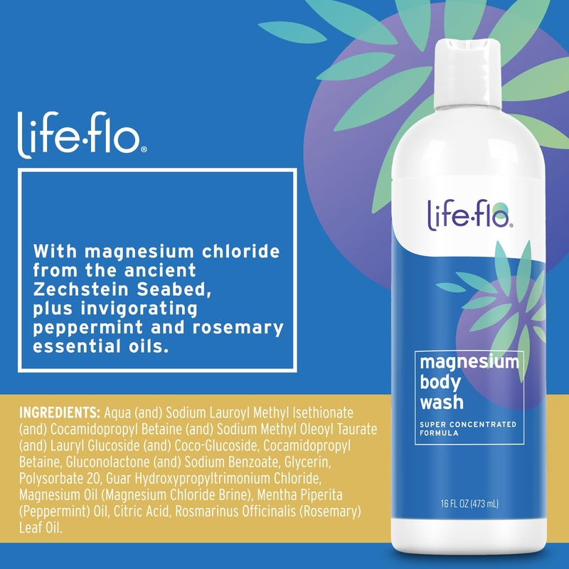 LIFE-FLO Magnesium Body Wash, Refreshing, Moisturizing Liquid Soap with Magnesium Chloride from the Zechstein Seabed, Peppermint Oil and Rosemary Oil, 60-Day Guarantee, Not Tested on Animals, 16oz - Image 2