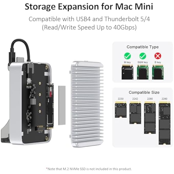 rayihni 40GBPS MAC MINI M4/M4 PRO STAND HUB WITH NVME SSD ENCLOSURE, DOCKING STATION WITH USB-C 10GBPS, USB-A 10GBPS, TF/SD 4.0 CARD READERS 312MB/S, USB-A 2.0, FITS M.2 PCIE UP TO 8TB - Image 3