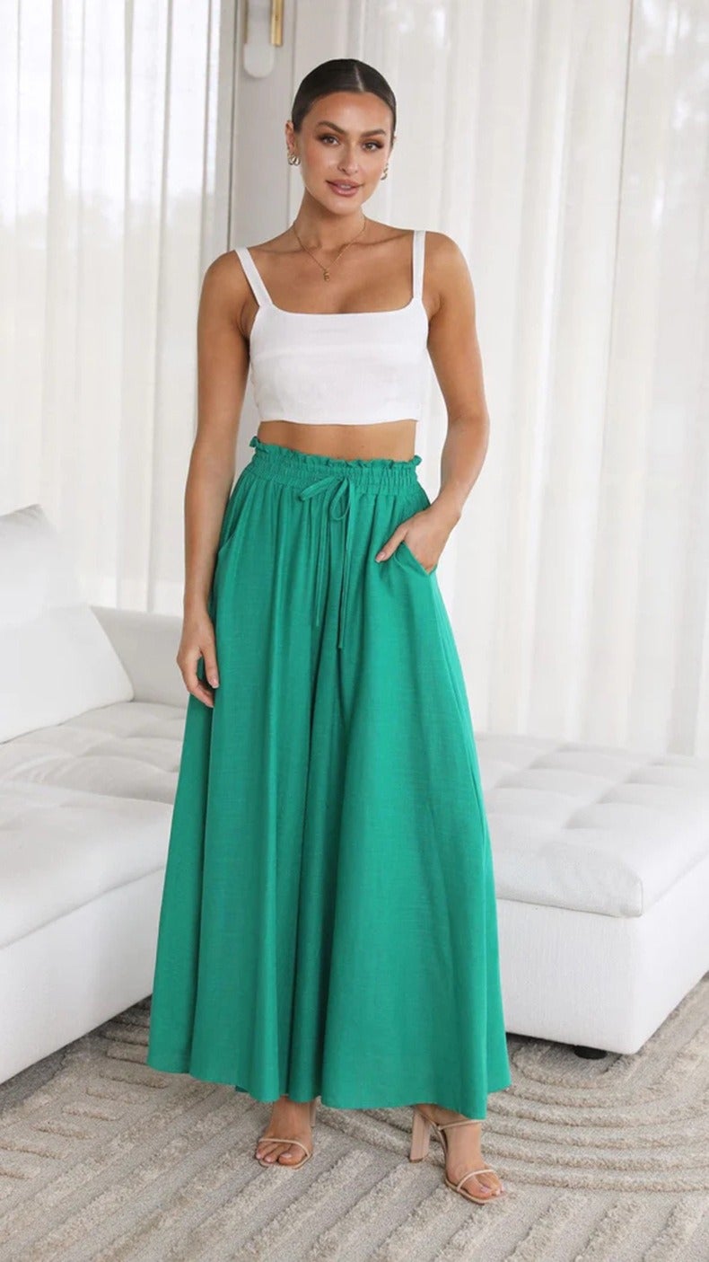 Women's High-Waist Wide-Leg Trousers with Elastic Waistband - Elegant Flowy Pants for Summer