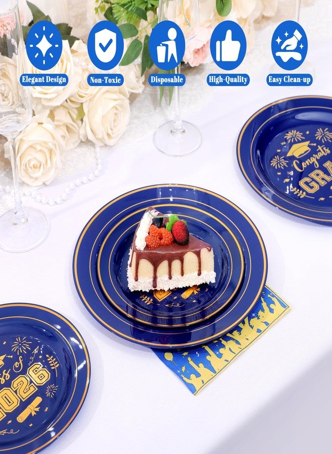 qonimi 120 Pcs Graduation Plastic Plates,2026 Blue Gold Graduation Disposable Plates with Gold Rim for 30 Guests,30 Dinner Plates 10 inch & 30 Dessert Plates 7 inch Cocktail Napkins for Party,Holiday - Image 3