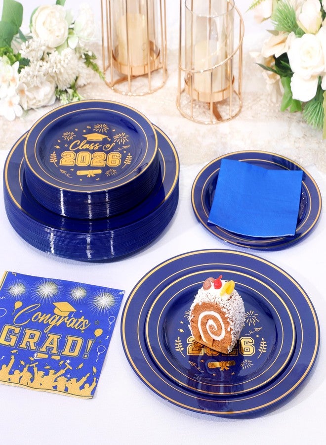 qonimi 120 Pcs Graduation Plastic Plates,2026 Blue Gold Graduation Disposable Plates with Gold Rim for 30 Guests,30 Dinner Plates 10 inch & 30 Dessert Plates 7 inch Cocktail Napkins for Party,Holiday - Image 5