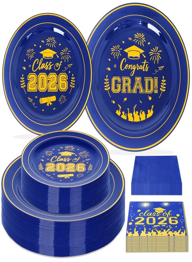 qonimi 120 Pcs Graduation Plastic Plates,2026 Blue Gold Graduation Disposable Plates with Gold Rim for 30 Guests,30 Dinner Plates 10 inch & 30 Dessert Plates 7 inch Cocktail Napkins for Party,Holiday - Image 1