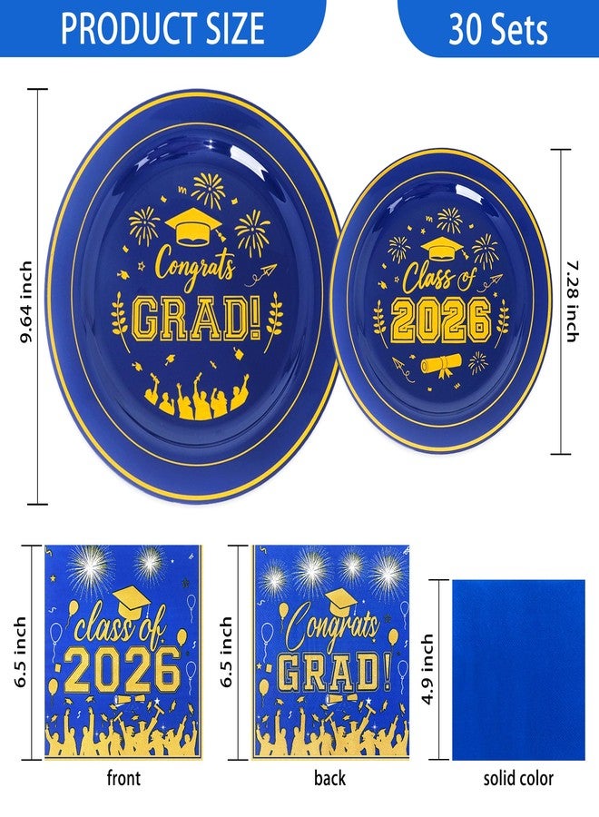 qonimi 120 Pcs Graduation Plastic Plates,2026 Blue Gold Graduation Disposable Plates with Gold Rim for 30 Guests,30 Dinner Plates 10 inch & 30 Dessert Plates 7 inch Cocktail Napkins for Party,Holiday - Image 2