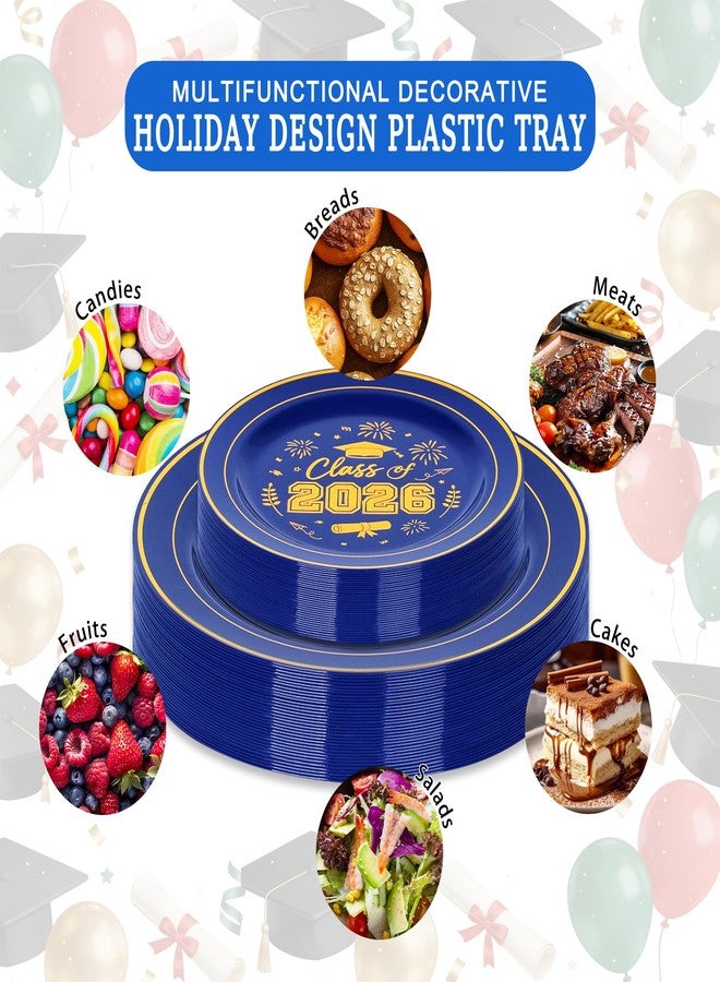 qonimi 120 Pcs Graduation Plastic Plates,2026 Blue Gold Graduation Disposable Plates with Gold Rim for 30 Guests,30 Dinner Plates 10 inch & 30 Dessert Plates 7 inch Cocktail Napkins for Party,Holiday - Image 4