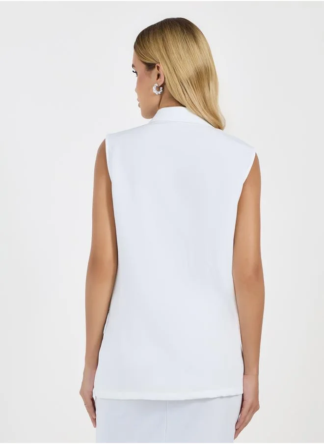 Styli Solid Sleeveless Notch Label Collar Blazer with Wrap Details