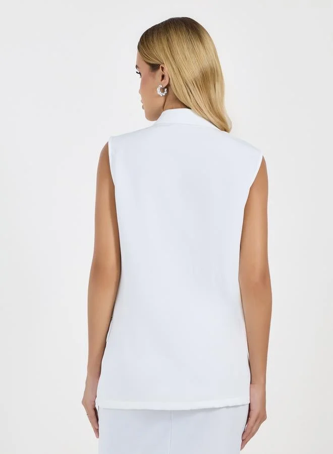 Styli Solid Sleeveless Notch Label Collar Blazer with Wrap Details