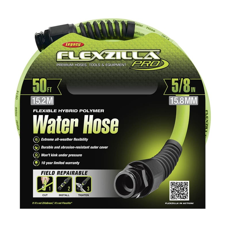 Flexzilla Pro Water Hose with Reusable Fittings, 5/8 in. x 50 ft., Heavy Duty, Lightweight, ZillaGreen - HFZWP550-E - Image 2