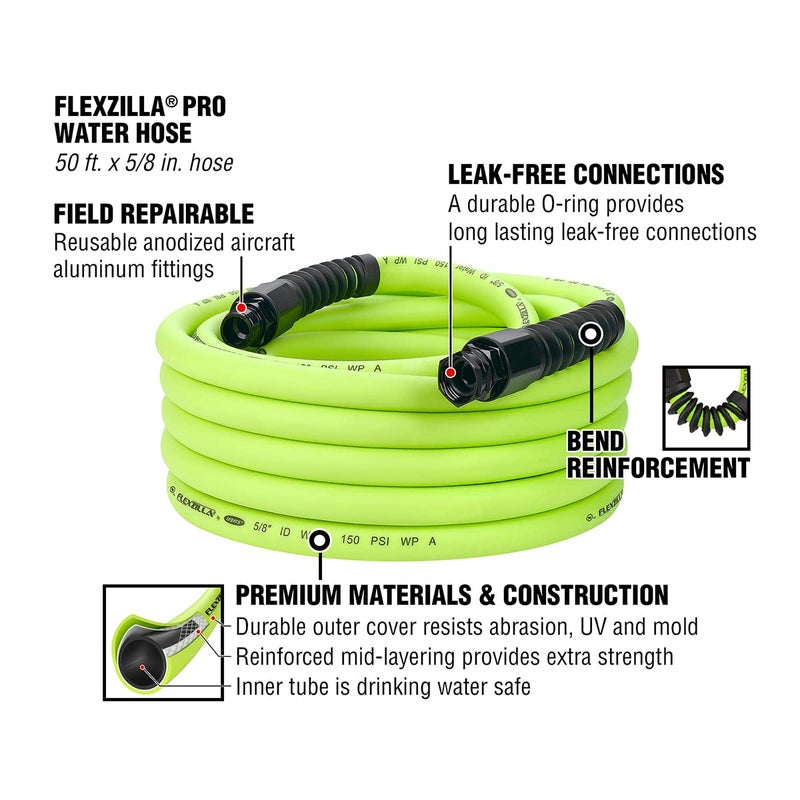 Flexzilla Pro Water Hose with Reusable Fittings, 5/8 in. x 50 ft., Heavy Duty, Lightweight, ZillaGreen - HFZWP550-E - Image 3