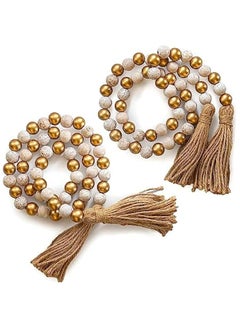 Wood Bead Garland Decor Set of 2, Wood Bead Garland Farmhouse, Wood Bead Garland with Tassels, Decorative Beads Home Decor, Farmhouse Beads with Tassel Boho, Decorative Beads with Tassel Boho Beads