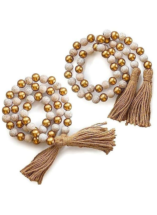 Generic - Wood Bead Garland Decor Set of 2, Wood Bead Garland Farmhouse, Wood Bead Garland with Tassels, Decorative Beads Home Decor, Farmhouse Beads with Tassel Boho, Decorative Beads with Tassel Boho Beads - Image 1