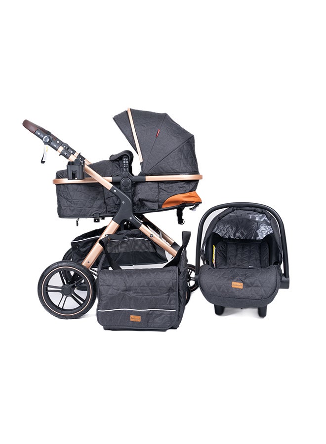 belecoo One Fold-To-Half Luxury Pram 3 In 1 With Car Seat - Black - Image 1