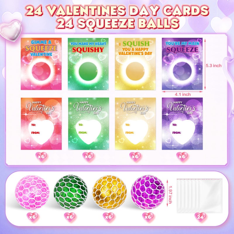 AuroTops Valentines Day Cards for Kids,24 Pack Squeeze Balls Fidget Toys Bulk with Valentine's Day Cards for Kids School Classroom Exchange Valentines Gifts for Boys Girls,Kids Party Favors Prizes - Image 2