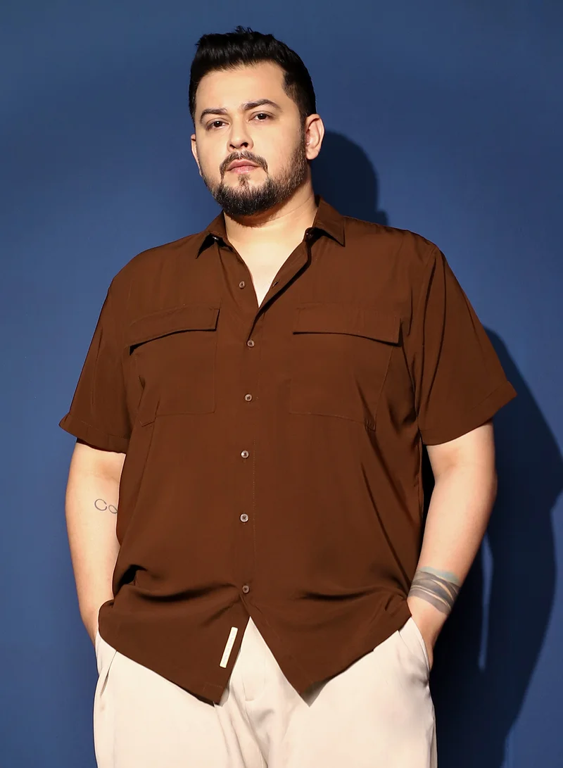 انستافاب بلس Instafab Plus Men's Chocolate Brown Relaxed Utility Shirt For Casual Wear | Spread Collar | Short Regular Sleeves | Button Closure | Plus Size Shirt Crafted With Comfort Fit For Everyday Wear