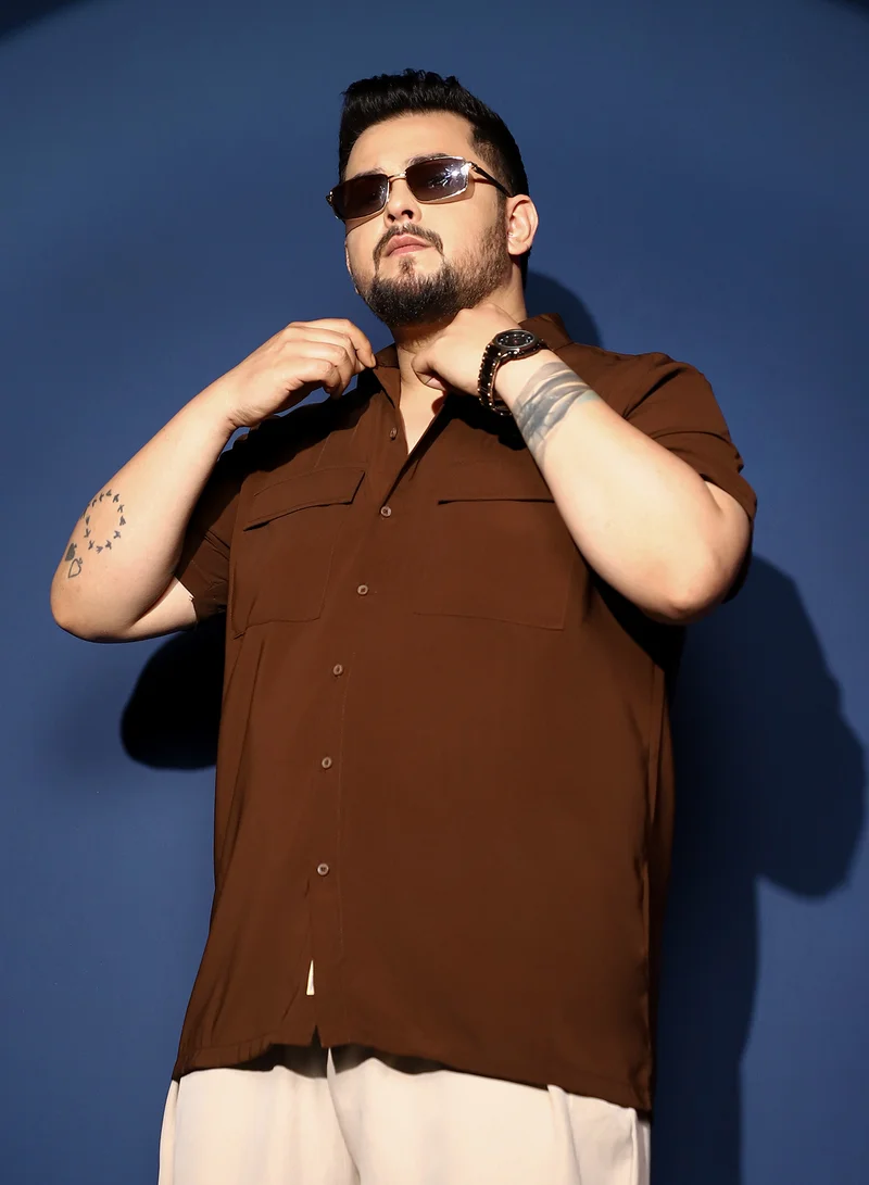انستافاب بلس Instafab Plus Men's Chocolate Brown Relaxed Utility Shirt For Casual Wear | Spread Collar | Short Regular Sleeves | Button Closure | Plus Size Shirt Crafted With Comfort Fit For Everyday Wear