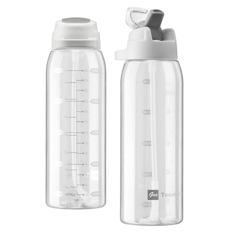 Teentumn Clear Water Bottle with Straw BPA Free Tritan with Time Markers 30oz Durable Bottle Perfect for Office School Gym and Workout Pack of 1