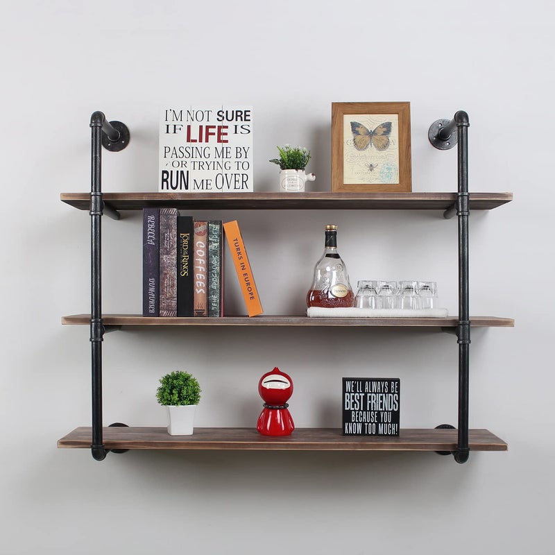 Industrial Pipe Shelving Wall Mounted48in Rustic Metal Floating ShelvesSteampunk Real Wood Book ShelvesWall Shelf Unit Bookshelf Hanging Wall ShelvesFarmhouse Kitchen Bar Shelving3 Tier