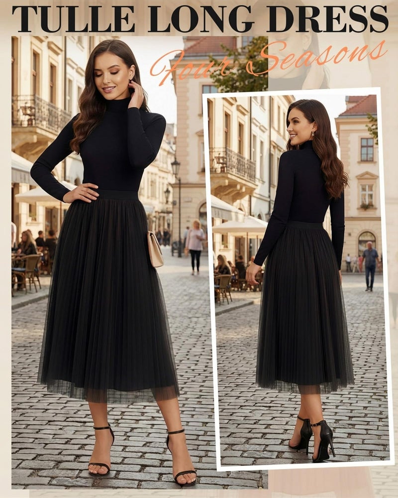 Cutecrop Women Tulle Skirt Fashion Pleated Mesh Skirt Elastic High Waist A Line Layered Flowy Party Wedding Daily Wear(Black,L) - Image 2